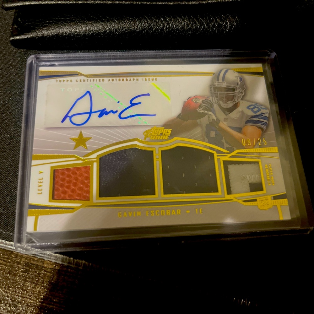 A game worn Gavin Escobar 3 patch jersey a football and auto, /25 topps chrome.